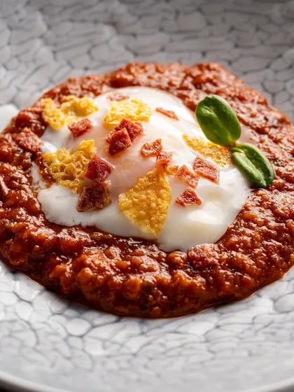 A closer look at the 63-degree egg and keema rarha, showcasing the rich texture of the keema and the delicate poached egg.