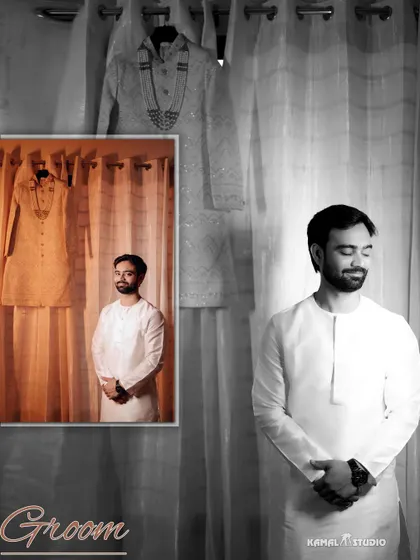 A creative collage showing the groom getting ready, with his sherwani hanging in the background, symbolizing the start of the day.