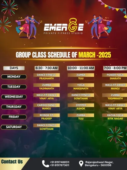 The March 2025 group class schedule is ready. Stay consistent and fit with our wide range of classes, from Power Yoga to Mass Fit Dance.