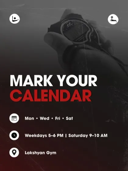 Mark your calendar for your next fitness challenge. This graphic provides the weekly schedule for our Burn Club sessions, held on Mondays, Wednesdays, Fridays, and Saturdays at the Lakshyan Gym.