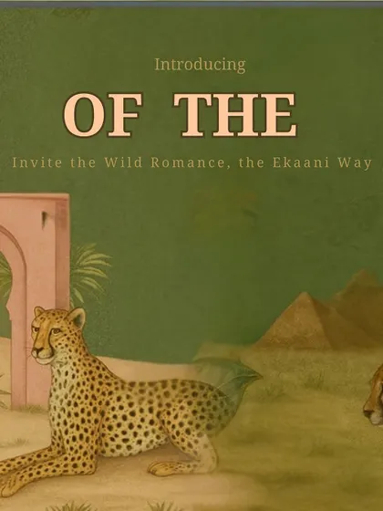 This graphic introduces the wild romance of the Tales of Tropic collection. The cheetah, set against a backdrop of ancient ruins and lush greenery, evokes a sense of adventure and timeless elegance.