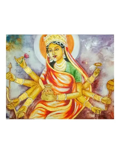 A portrait of Maa Durga, the divine mother, painted on paper with acrylics. The halo and her many arms holding symbolic items represent her power and grace.
