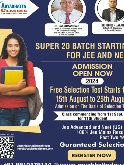 This is our flagship "Super 20 Batch" for JEE and NEET. We bring together our top faculty, including Dr. Lakshman Hari and Er. Umesh Jalan, to provide guaranteed selection for a focused group of students.