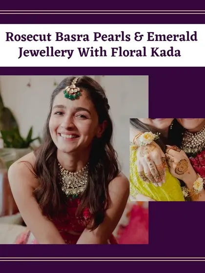 The jewelry was a stunning combination of rose-cut Basra pearls and emeralds, paired with a unique floral kada. This adds a touch of color and personality to the mehendi look.