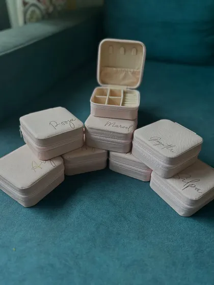 For a more elegant touch, I also offer these beautiful jewelry boxes with names printed in a classy gold font. They are a great option for wedding favors or bridesmaid gifts.