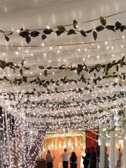A magical entrance created with a dense canopy of fairy lights. We added strands of artificial ivy to give it a rustic, enchanted forest feel, perfect for an evening event.
