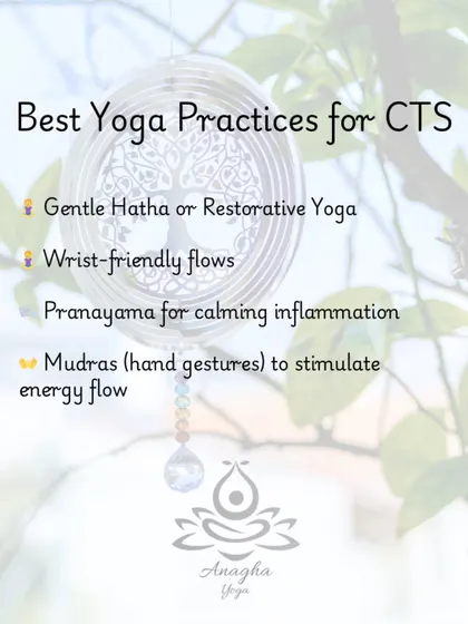 I recommend specific yoga practices for CTS, such as gentle Hatha yoga, wrist-friendly flows, and Mudras (hand gestures) to stimulate energy flow.