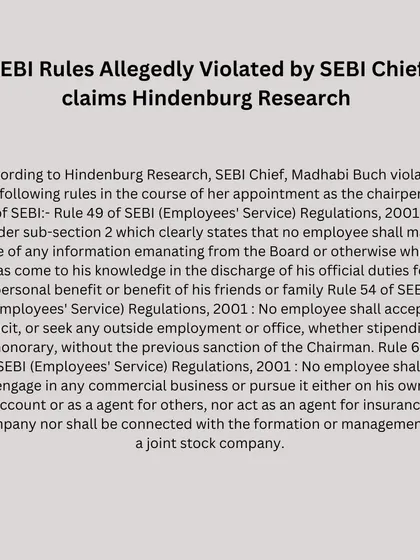 This graphic details the specific SEBI employee service regulations that Hindenburg Research alleges were violated by the SEBI Chief in the course of her appointment and tenure.