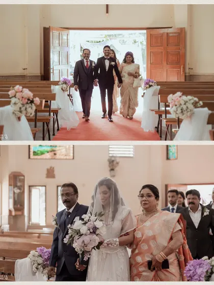 A split image showing both the groom and bride walking down the aisle with their parents in a traditional church wedding.