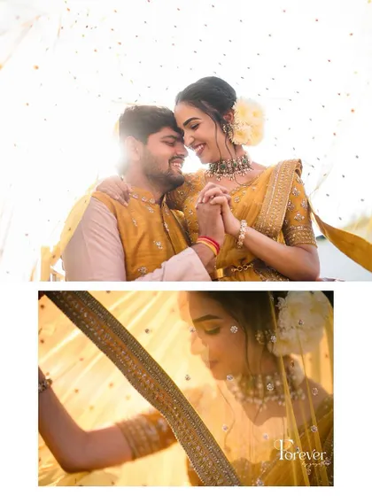 A dreamy, sun-drenched pre-wedding collage. The light filtering through the dupatta creates a magical, romantic effect.