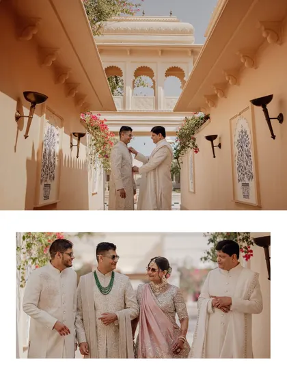 A collage showing the groom getting help with his outfit and then walking with the bride and groomsmen.