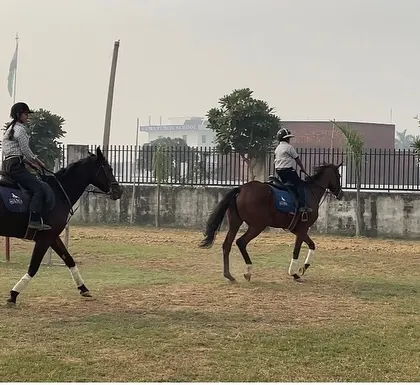 A group of riders practicing together in the arena. Our group lessons allow students to learn from each other in a social setting.