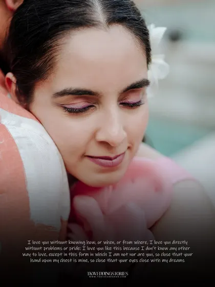 An emotional close-up of a bride sharing a tender hug, with a poetic quote overlay that enhances the romantic mood.