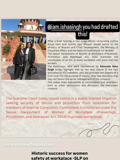 A social media post celebrating a historic step forward for women's safety at the workplace. The Supreme Court issued a notice in our public interest litigation seeking tenure security for members of Internal Complaints Committees, a crucial move towards ensuring their impartiality.