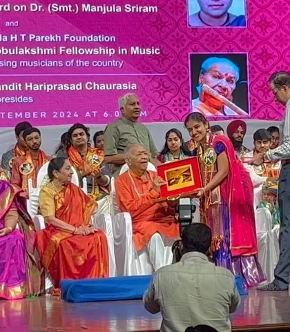 A wider view of the stage during the M. S. Subbulakshmi Fellowship award ceremony in Mumbai. It was an honor to be in the presence of so many great musicians and to be selected for this prestigious fellowship.
