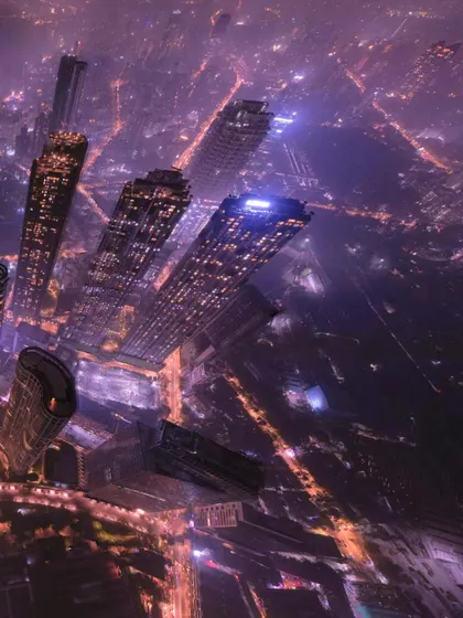 An angled drone shot looking down at the city's glowing grid, with tall buildings rising up like canyons of light.