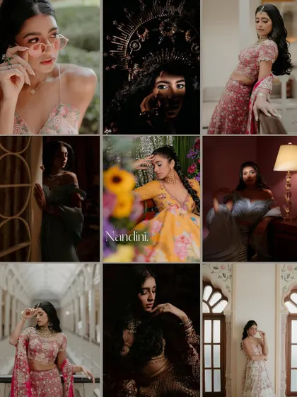 Another example of capturing a bride's versatility. This collage shows off various styles, from a dramatic, dark portrait with a crown to a bright and sunny look surrounded by flowers.