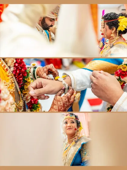 A collage detailing the sacred rituals of a Maharashtrian wedding, from tying the sacred thread to the couple's first moments together after the ceremony.