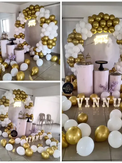 A collage showing the setup process of a beautiful white and gold balloon ring decoration.