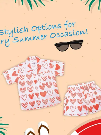 Our "Hello Summer" co-ord set in a red heart print is perfect for a day at the beach. The short-sleeved shirt and matching shorts are made from lightweight cotton to keep your toddler cool and stylish.