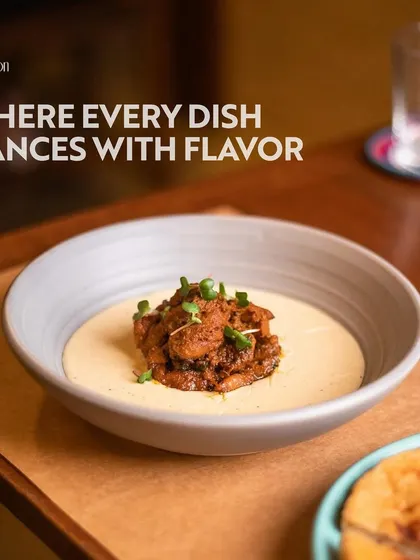 A dish that dances with flavour at Monsoon. This image shows a modern take on Indian cuisine, where traditional tastes are presented in an innovative and artistic way.