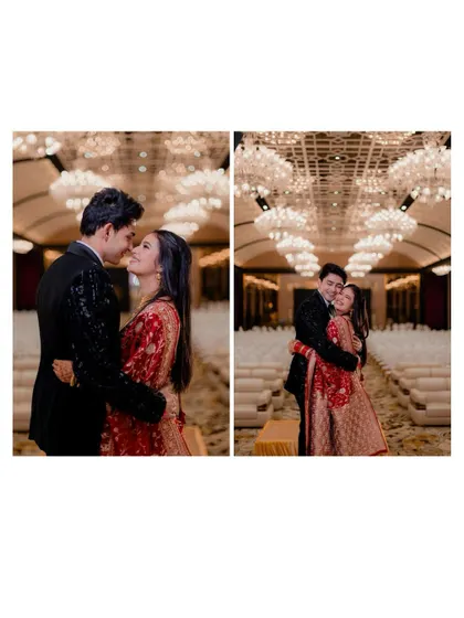 A collage of romantic reception portraits under the magnificent chandeliers, capturing their love from different angles.