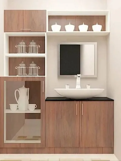 This unique unit combines a wash basin with crockery storage. It's a practical solution for a dining area, providing a place to wash hands before a meal.