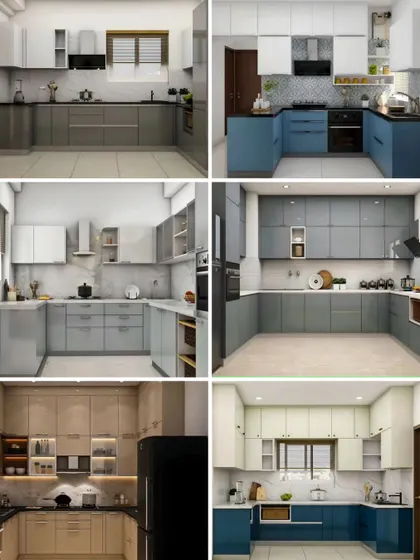 This image displays a collection of our L-shaped kitchen projects. You can see various styles, including two-tone cabinets, different backsplash tiles, and clever storage solutions for corners.