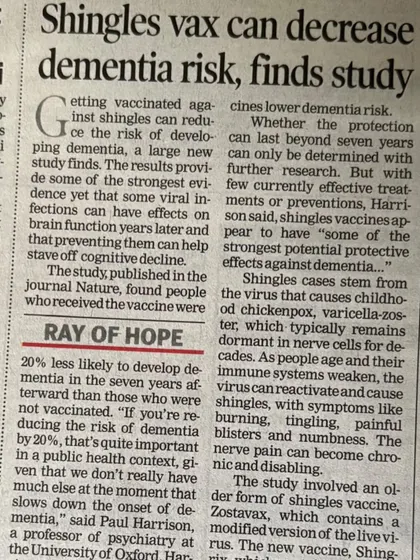The benefits of vaccination can extend beyond the primary disease. This study published in the journal Nature found that receiving the shingles vaccine was associated with a 20% lower risk of developing dementia. This is a powerful example of how preventive health measures can have far-reaching positive effects on long-term wellness.