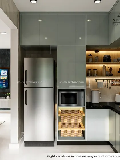 This view highlights smart storage solutions, including pull-out wicker baskets and a dedicated microwave niche next to the refrigerator.