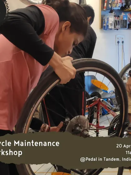 This poster announces one of our popular bicycle maintenance workshops held at the shop in Indiranagar. These sessions are designed to build your confidence for handling common roadside issues.