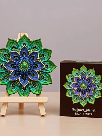 Inspired by the beautiful colors of a peacock, this hand-painted mandala is made to bring vibrancy and joy. It is created on a sturdy base and comes in its own box, making it a wonderful gift of positivity.