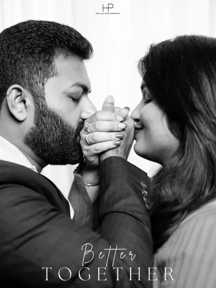 An intimate black and white close-up of a couple holding hands near their faces. This tender gesture, combined with the 'Better Together' text, makes for a deeply romantic shot.