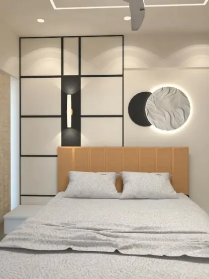 A geometric design with black framing and circular art pieces for a bold, contemporary look.