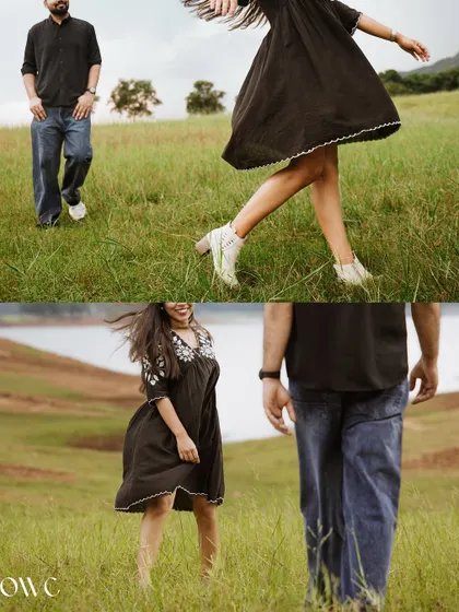 A collage showing different angles of a couple's playful and romantic moments in a field.