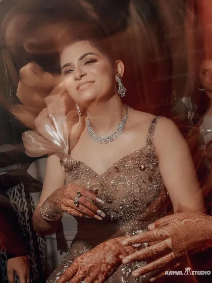 A comprehensive look at an engagement party, from the bride's solo portraits to the couple's dance, cake cutting, and celebration with friends.