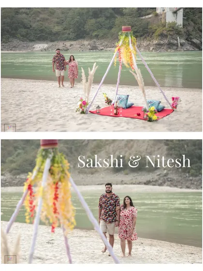 A wide shot and a close-up of the couple walking on the beach towards their beautiful picnic setup.