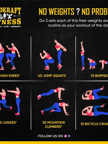 No weights? No problem. This free-weights exercise routine includes high knees, jump squats, burpees, lunges, mountain climbers, and bicycle crunches for a complete workout.