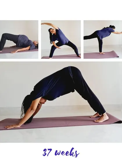Yes, you can do this even at 37 weeks. Yoga isn't about being flexible; it's about connecting with your body. This beautiful collage shows one of our mamas staying active and strong right up until the end of her pregnancy.