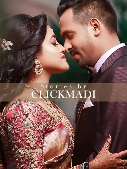 A close-up, artistic shot of the couple, perfect for a story cover, highlighting their connection and the beautiful details of the bride's attire.