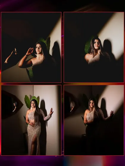 A collage of a bride in a glamorous, sequined gown, posing with dramatic shadows and light for an artistic and modern photoshoot.