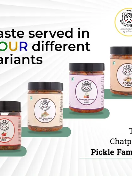 Meet the chatpata pickle family. We serve taste in four different variants: Lal Bharwa Mirch, Hing Wala Aam, Gajar Gobi Shalgam, and Adrak Achaar.