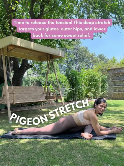 It's time to release tension with the pigeon stretch. This deep stretch targets your glutes, outer hips, and lower back for some sweet relief, especially after a long day of sitting.