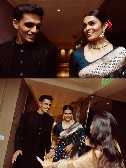 Candid moments from the reception as the couple greets their guests. Their happy and relaxed interactions show the warmth and joy of sharing their special day with loved ones.