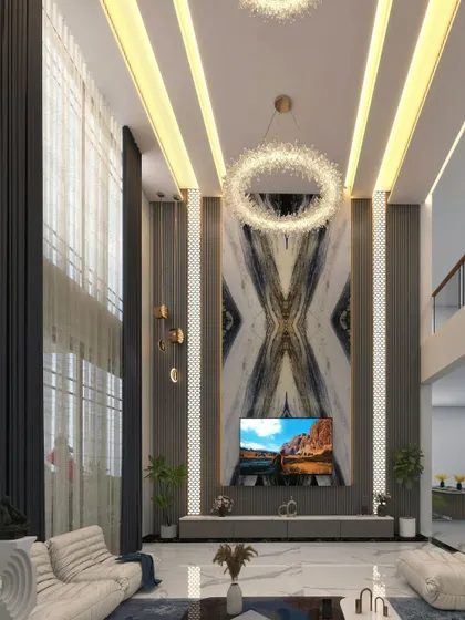 This is the third design option for a grand double-height living hall, featuring a book-matched marble TV unit that extends to the ceiling, creating a dramatic focal point.