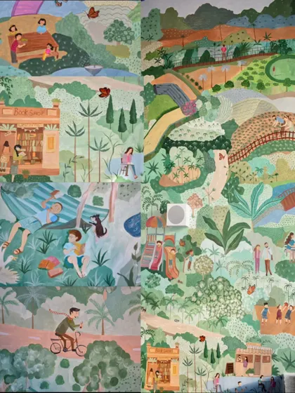 A collage showing different vignettes within the large-scale mural. The artwork is filled with miniature scenes of people enjoying life, from reading in a park to cycling and playing, all reinforcing the community theme.