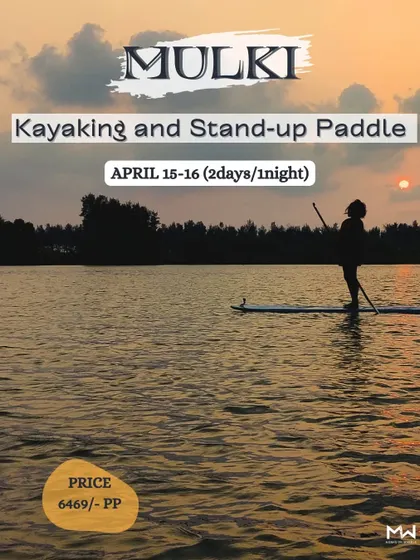 A poster for the Mulki trip featuring a serene stand-up paddle boarder at sunset. This highlights the peaceful aspect of the adventure.