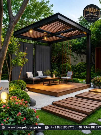 A tranquil garden seating area defined by a modern pergola. Set on a raised wooden platform and surrounded by lush planting, this design creates a private and peaceful corner for reading or quiet conversation.