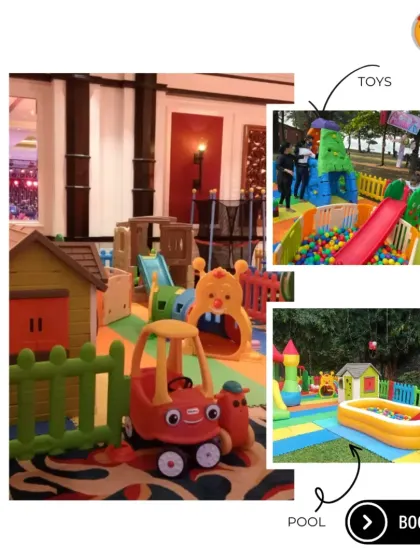 A look at my rented playzone collection. This graphic shows a large indoor setup and highlights specific elements like the toys, a climbing wall with a slide, and an inflatable pool.