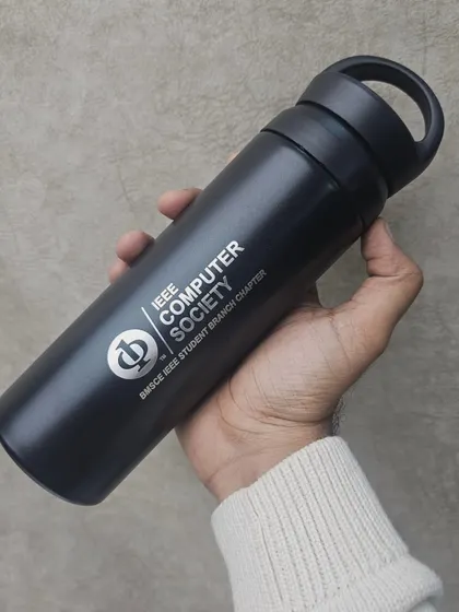 A sleek, black travel flask I customized for the IEEE Computer Society student branch. This shows how I can apply detailed logos for corporate or group orders.